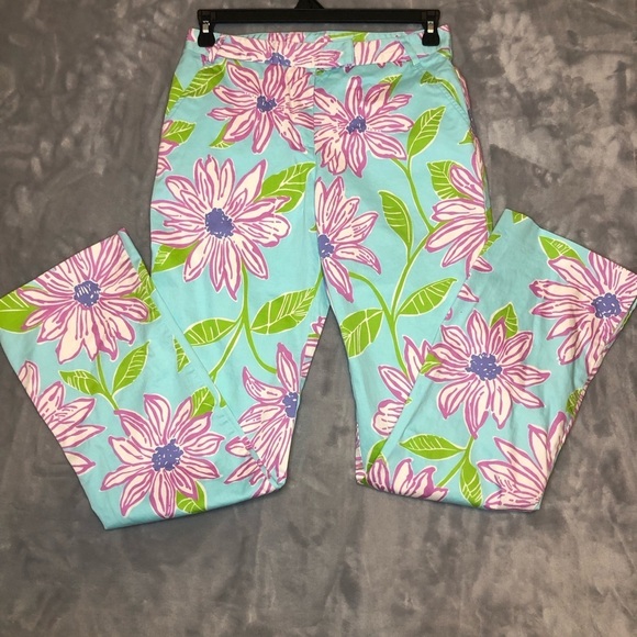 Lilly Pulitzer Pants - Lilly Pulitzer Women's Slacks Turquoise with Pink/Purple/Green Flowers Size 8